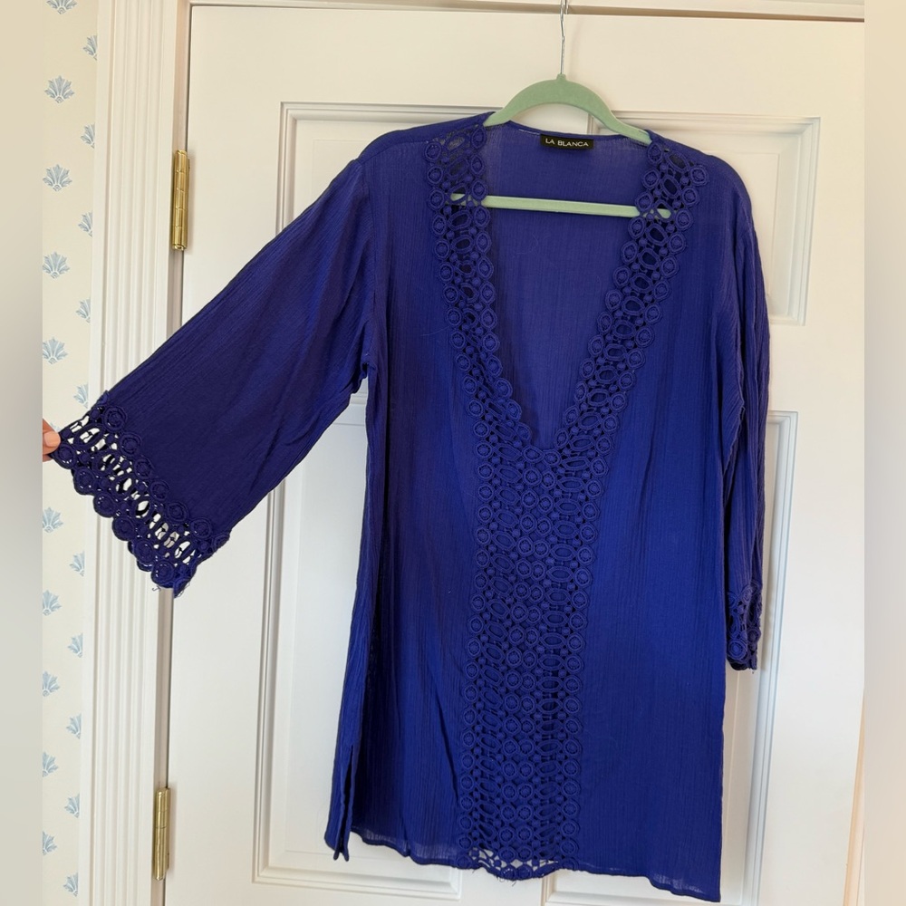 La Blanca Purple Beach Swim Coverup Long Sleeve Flowy Lace Accent Large